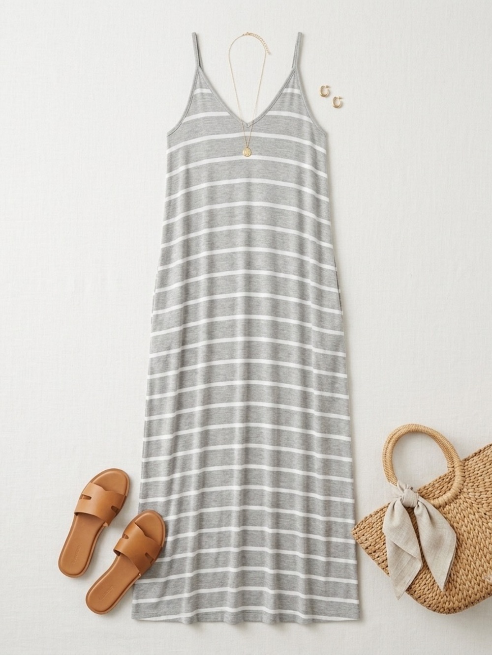 Gray & White Striped Maxi Tank Dress